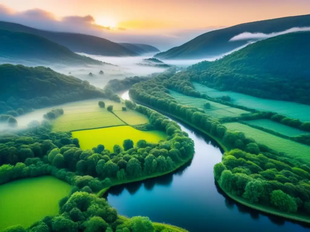 Espléndido paisaje verde con río cristalino al atardecer Regulaciones conservación valor propiedad: Vista aérea de paisaje verde con río cristalino y colinas, naturaleza vibrante al atardecer