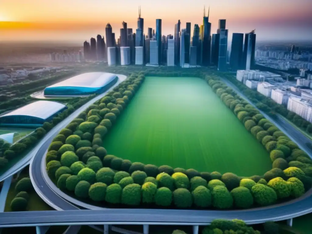 Desarrollo urbano sostenible al atardecer Regulaciones gubernamentales promueven equilibrio entre desarrollo urbano y sostenibilidad ambiental en la ciudad al atardecer