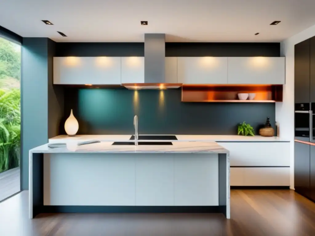 Renovación de cocina moderna con isla de mármol y detalles en cobre Renovaciones para aumentar valor inmobiliario: Cocina moderna con isla de mármol, luz natural y toques verdes y cobre