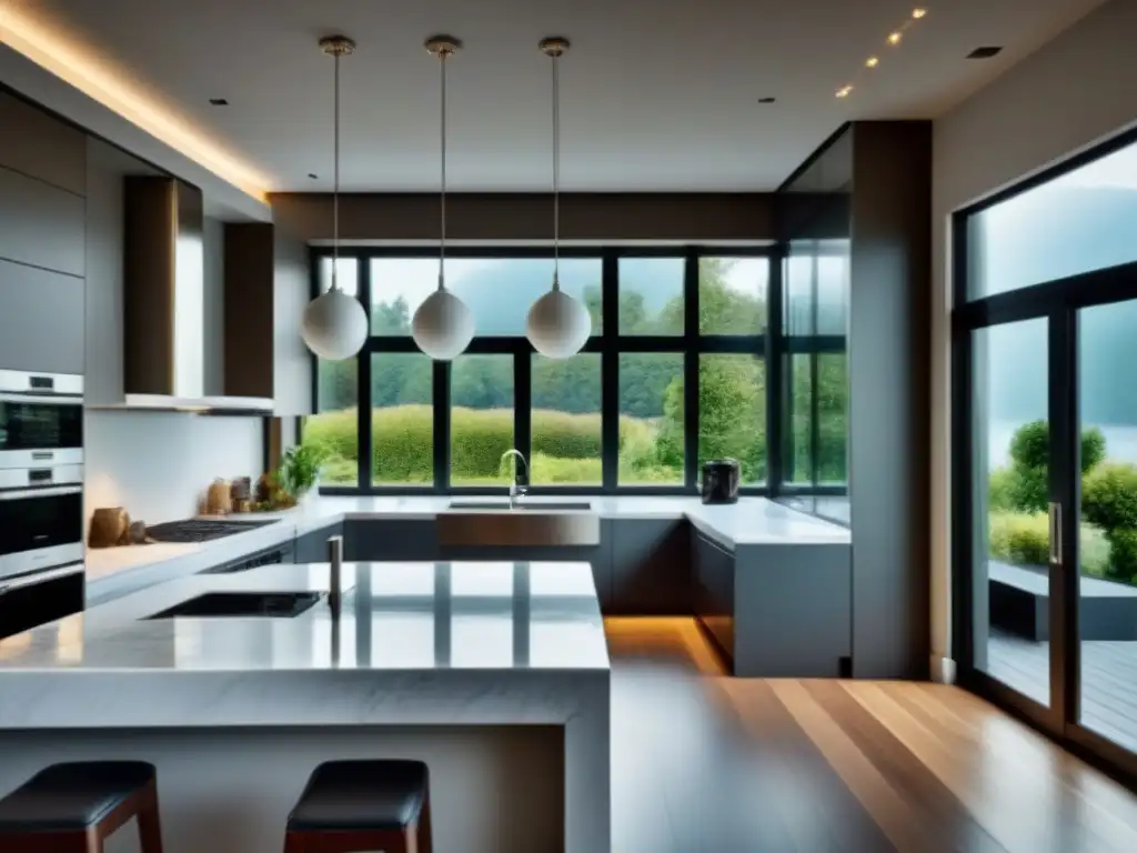 Cocina de lujo con mármol blanco y vistas al jardín Renovaciones para aumentar valor inmobiliario: Cocina moderna y lujosa con elegante diseño minimalista y vistas a un jardín verde
