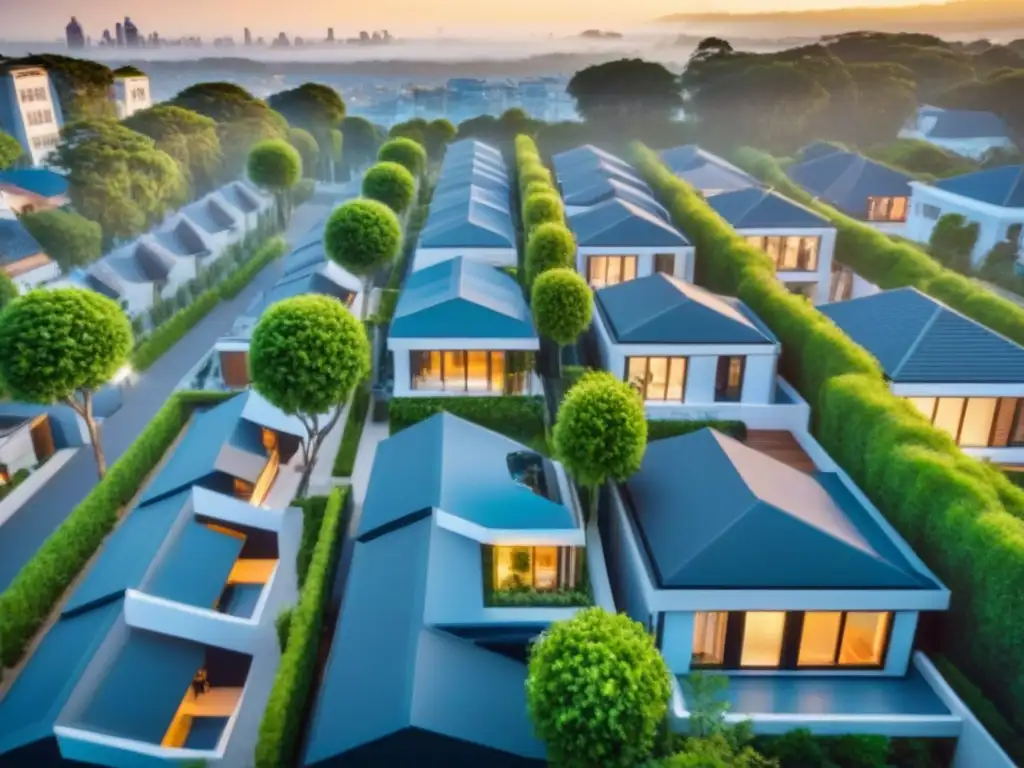 Renovación urbana: townhouses modernas rodeadas de naturaleza exuberante Renovaciones para aumentar valor inmobiliario: Vista aérea de ciudad con modernas casas renovadas y zonas verdes