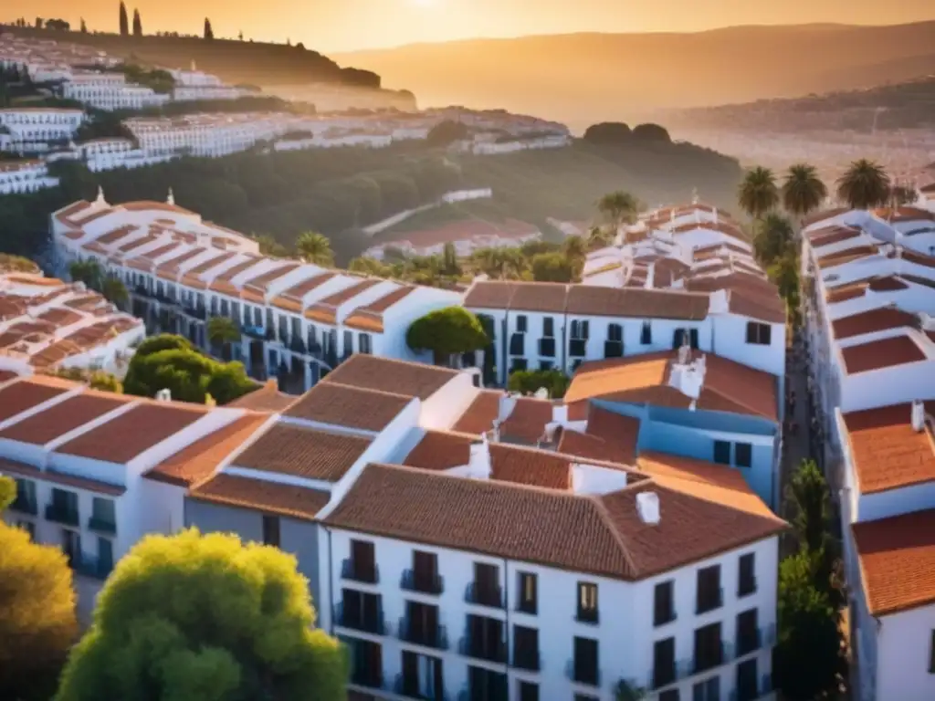 Espléndida vista aérea de ciudad española al atardecer Rentabilidad alquiler vivienda España: Ciudad española con coloridos edificios y palmeras al atardecer