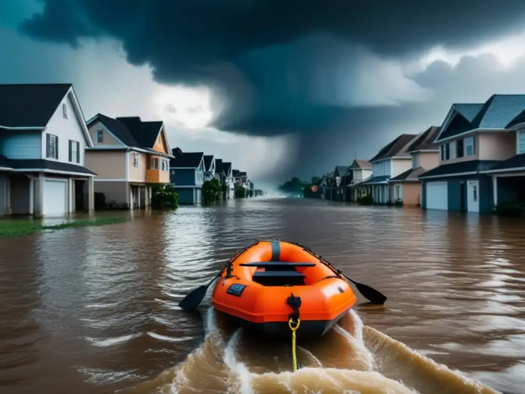Evacuación en inundación: rescate de vecinos por equipos de emergencia Rescate en inundación: casas bajo el agua, evacuación en botes y helicópteros de rescate