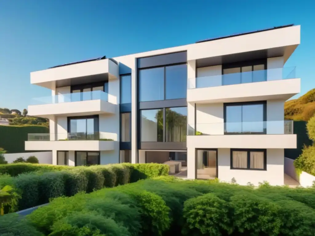 Edificio residencial sostenible con paneles solares y diseño moderno Residencia española moderna con paneles solares y eficiencia energética rodeada de vegetación exuberante, mostrando sostenibilidad en arquitectura contemporánea
