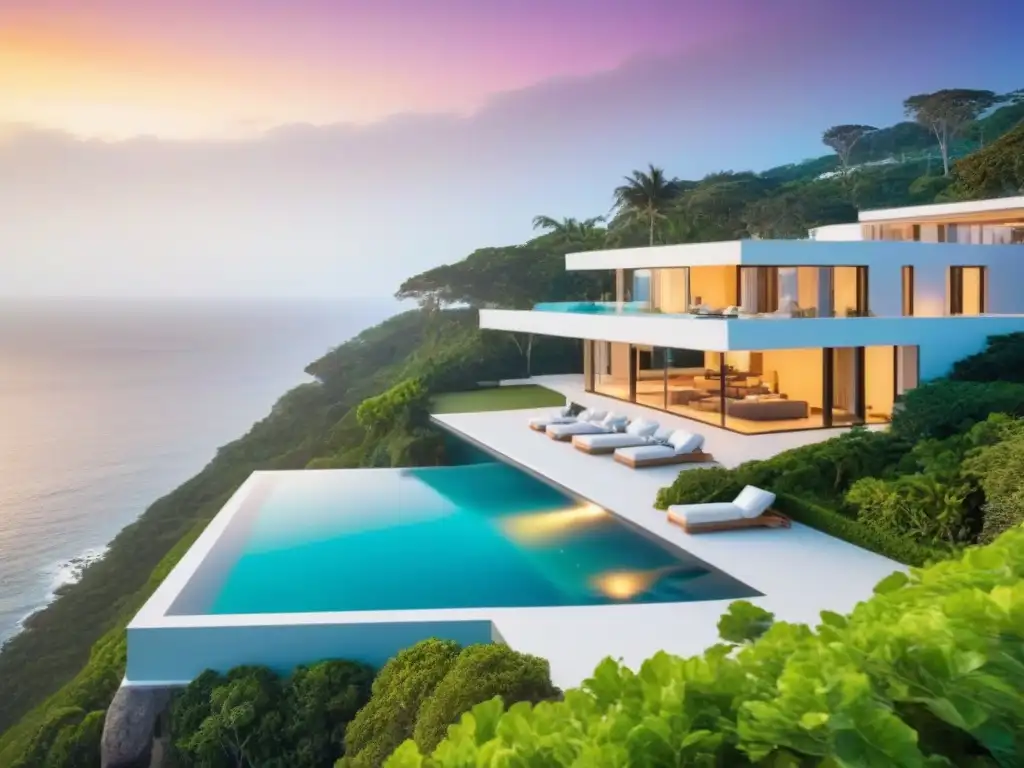Mansión de lujo: oasis junto al mar al atardecer Residencia de lujo en acantilado con vista al mar y piscina infinita al atardecer