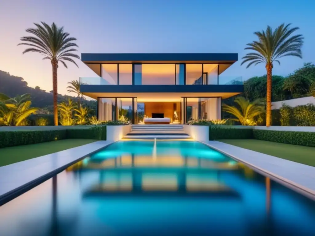 Mansión de lujo con diseño arquitectónico moderno en 8k Residencia de lujo con diseño moderno, ventanales, piscina infinita y jardín exuberante