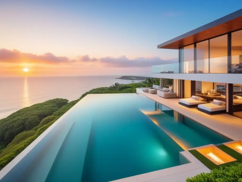 Propiedad de lujo frente al mar: arquitectura moderna y exclusividad Residencia de lujo frente al mar con diseño moderno y piscina infinita privada, bañada por la cálida luz dorada del atardecer