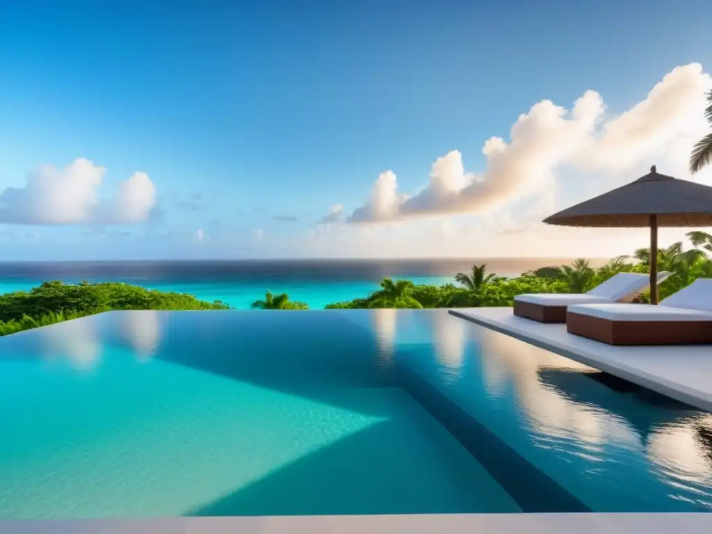 Propiedad de lujo frente a la playa en el Caribe con piscina infinita y atardecer dorado Residencia de lujo frente al mar en el Caribe con piscina infinita, aguas turquesa y palmeras