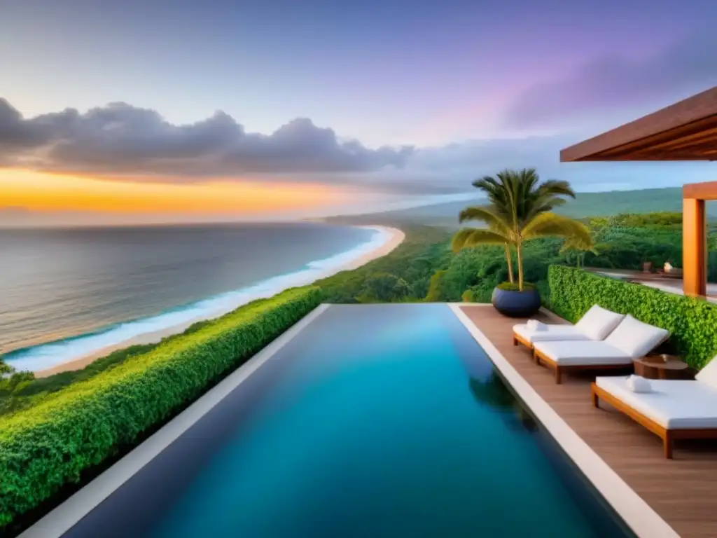 Residencia de lujo frente al mar en México con piscina infinita y atardecer Residencia de lujo frente al mar en México con piscina infinita, vegetación exuberante y atardecer impresionante