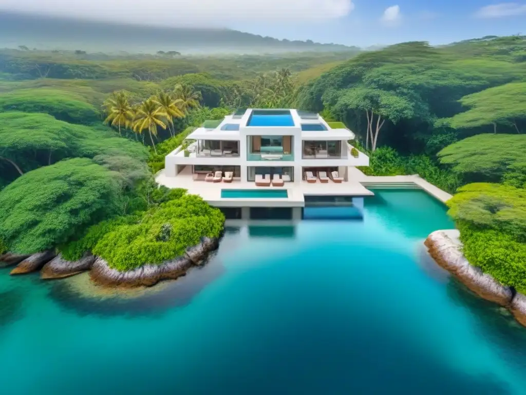 Propiedad de lujo frente al mar en mercado emergente Residencia de lujo en mercado emergente con arquitectura moderna y piscina infinita privada, rodeada de exuberante vegetación