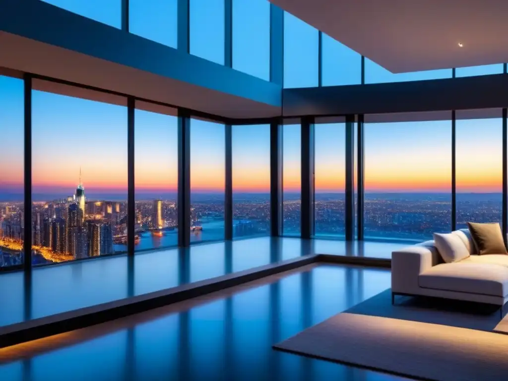 Penthouse de lujo con vista panorámica en ciudad emergente Residencia de lujo en mercados emergentes propiedades lujo con vistas a la ciudad al atardecer