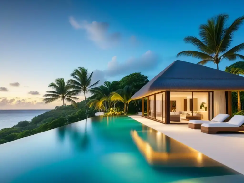 Propiedad de lujo en el Caribe: playa, palmeras y atardecer Residencia de lujo en el Caribe con piscina infinita privada, aguas turquesas y palmeras