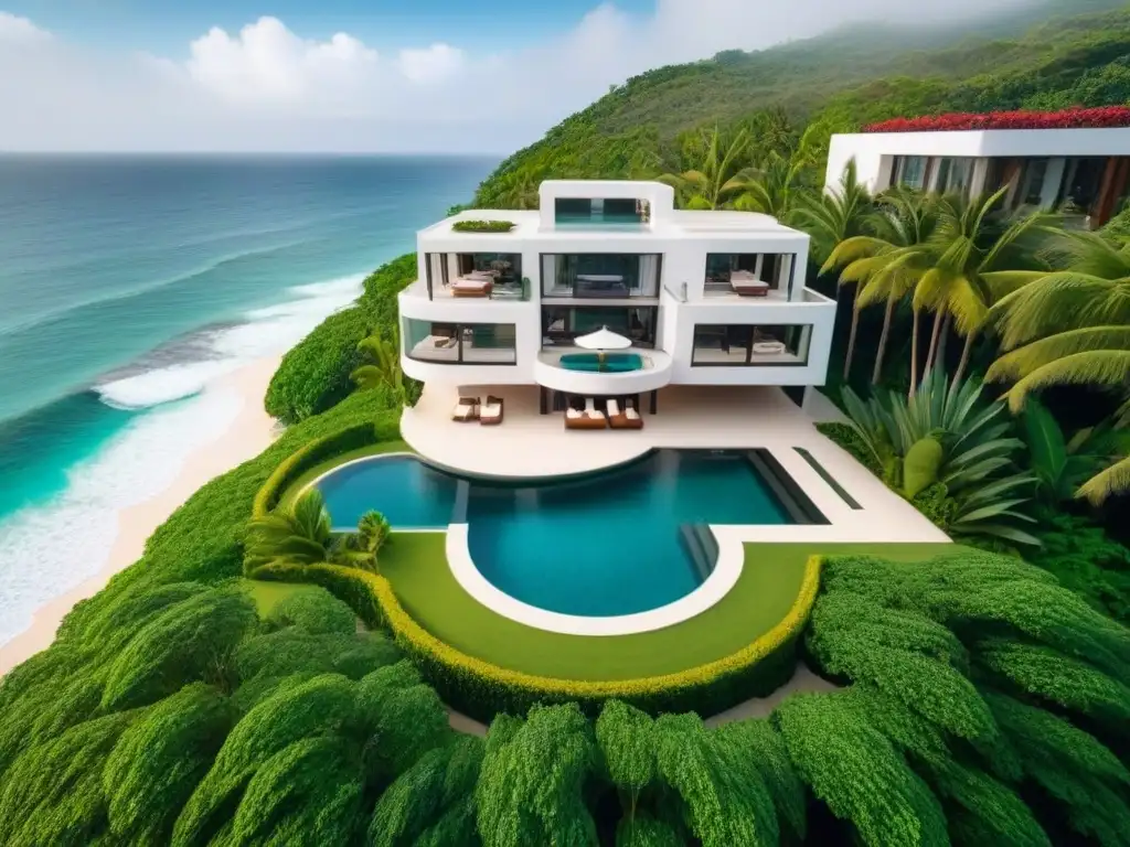 Mansión de lujo en la playa: exclusividad y elegancia en México Residencia de lujo en playa con piscina infinity, helipuerto y vegetación exuberante