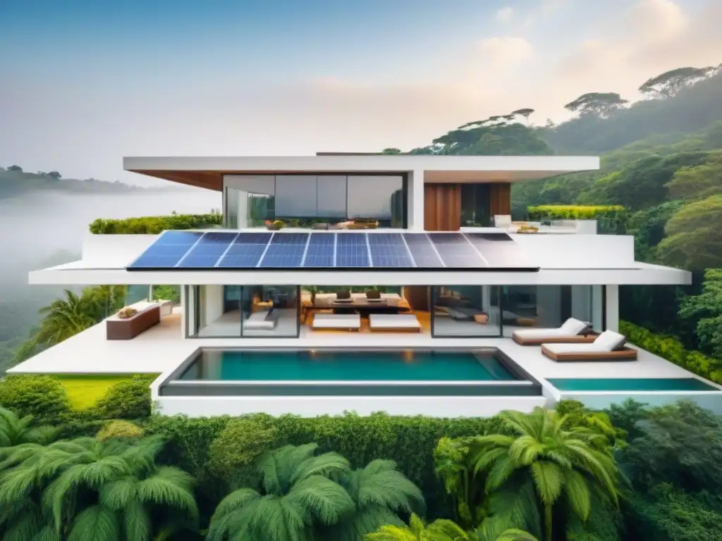 Mansión sostenible de lujo: arquitectura innovadora y elegancia eco Residencia de lujo sostenible con diseño innovador y elementos ecofriendly en medio de exuberante vegetación