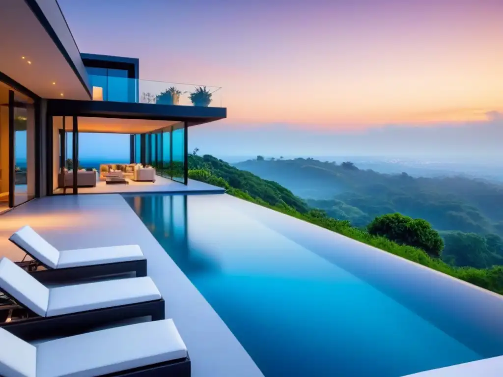 Residencia de lujo con vistas panorámicas y diseño vanguardista Residencia de lujo con ventanales y piscina infinity, rodeada de naturaleza y atardecer vibrante