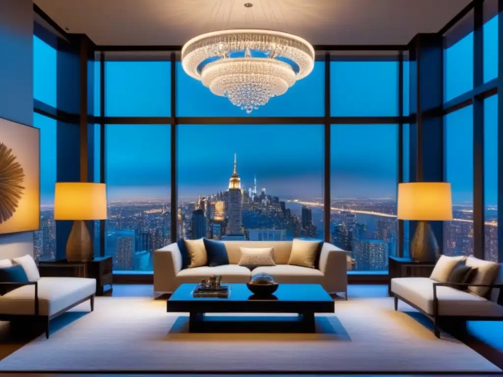 Penthouse de lujo con vista nocturna a la ciudad: elegancia contemporánea Residencia de lujo con vista nocturna de la ciudad, decoración elegante y mobiliario moderno