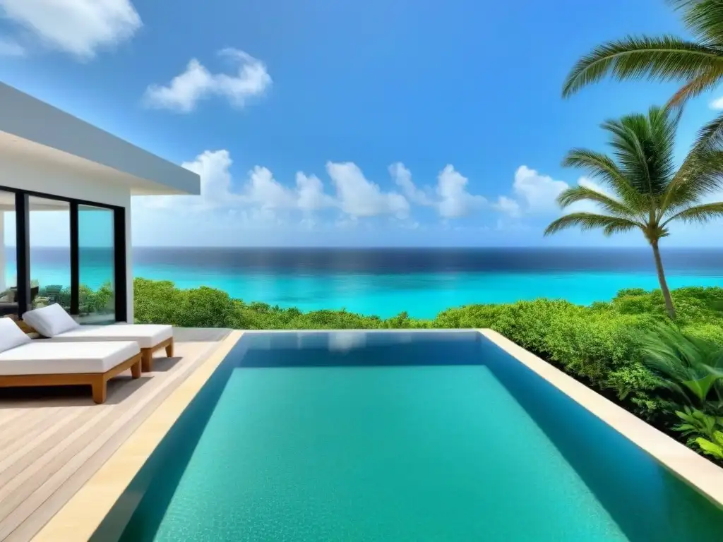 Propiedad de lujo en el Caribe: arquitectura moderna con vista al mar Residencia lujosa frente al mar Caribe, arquitectura moderna con piscina infinita privada y vistas al mar turquesa
