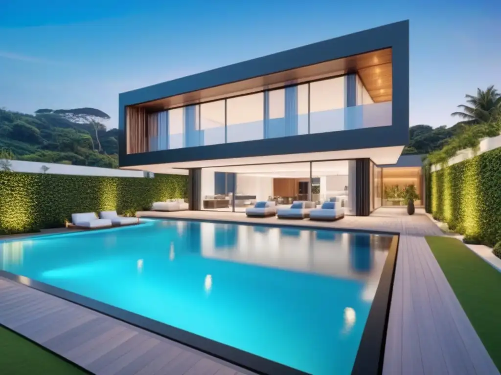 Mansión de lujo con tecnología blockchain y seguridad avanzada Residencia lujosa con tecnología avanzada y exuberante vegetación, reflejando la integración de Tecnología Blockchain en comercialización inmobiliaria