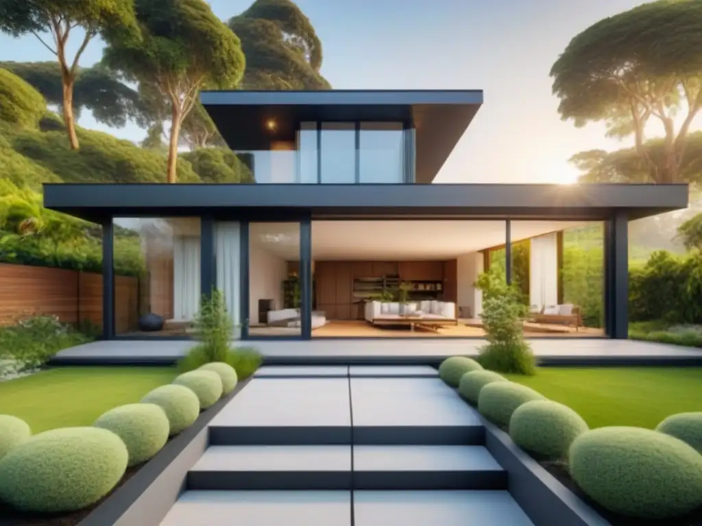 Residencia ecofriendly de lujo en entorno natural exuberante Residencia moderna ecoamigable rodeada de exuberante vegetación, con paneles solares y jardín nativo