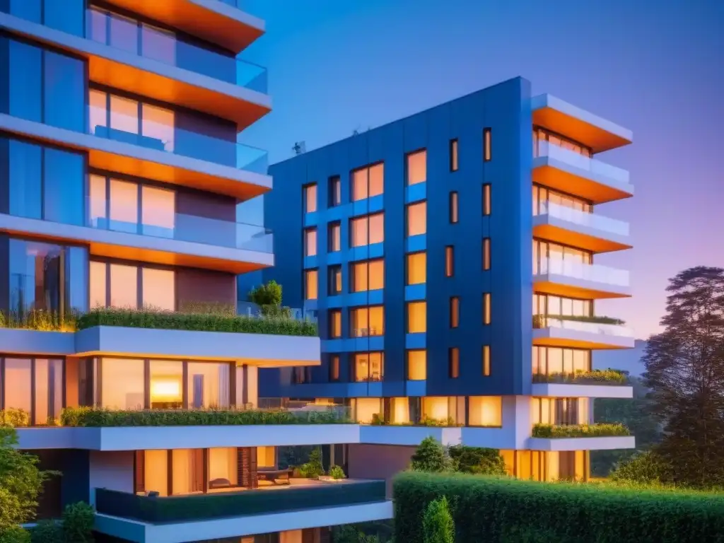 Edificio residencial moderno y sostenible al atardecer con iluminación innovadora Residencia moderna iluminada con eficiencia en construcción sostenible al atardecer