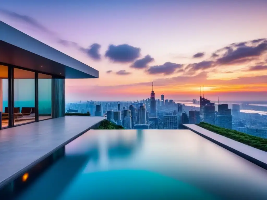 Residencia de lujo con vistas panorámicas al atardecer Residencia moderna de lujo con vista panorámica a la ciudad al atardecer, rodeada de vegetación y una elegante piscina infinita