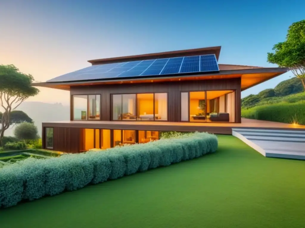 Casa ecológica de madera: diseño sostenible y belleza natural Residencia moderna de madera sustentable con detalles intrincados y técnicas de construcción ecológicas, rodeada de vegetación y cielo azul