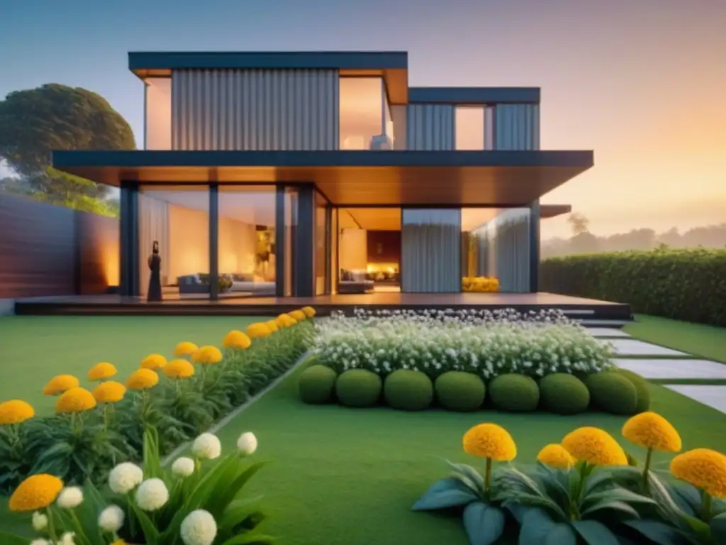 Casa moderna en paisaje verde con flores vibrantes Residencia moderna en paisaje verde con flores vibrantes en el jardín, iluminada por el sol