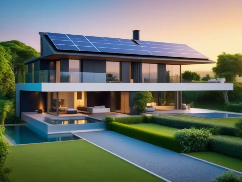 Hogar moderno con paneles solares y entorno verde al atardecer Residencia moderna con paneles solares, rodeada de vegetación exuberante al atardecer