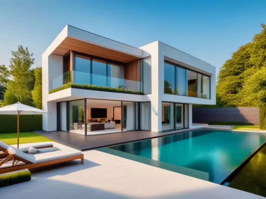 Residencia moderna con ventanales y piscina, ideal para ventajas hipotecas interés solo