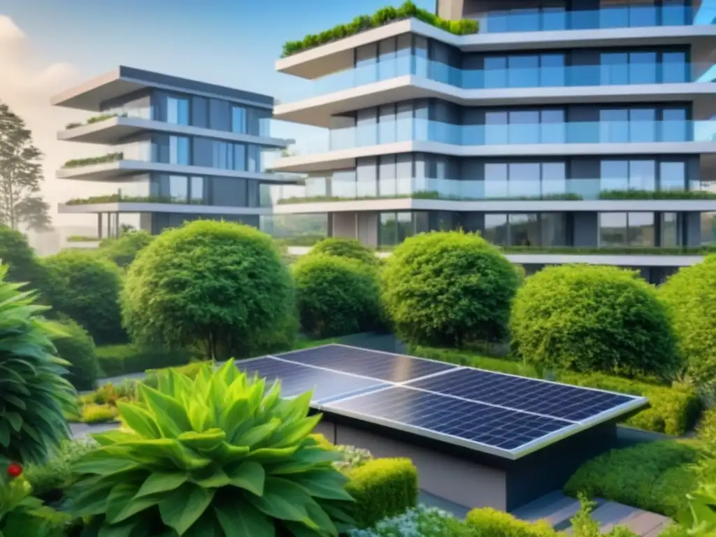 Edificio sostenible con paneles solares y jardín verde Residencia sostenible con certificaciones ecológicas en mercado inmobiliario, paneles solares, jardín verde y diseño ecofriendly