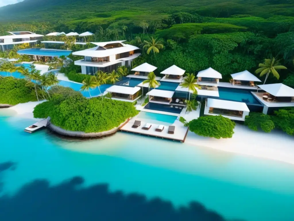 Exclusivo resort de lujo en el Caribe: oasis sostenible entre la naturaleza Resort de lujo en el Caribe 2030: arquitectura moderna, piscinas infinitas y playa paradisíaca al atardecer