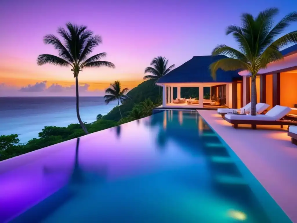 Resort de lujo frente al mar al atardecer en el Caribe Resort de lujo en el Caribe al atardecer con diseño moderno, piscinas infinitas, palmeras y áreas de comedor elegantes