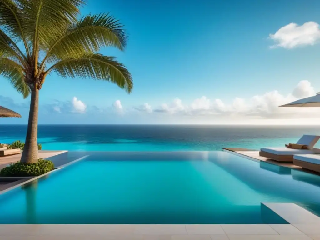 Resort de lujo en el Caribe: arquitectura moderna frente al mar Resort de lujo frente a la playa en el Caribe, con arquitectura moderna y piscina turquesa, impacto turismo mercado inmobiliario Caribe