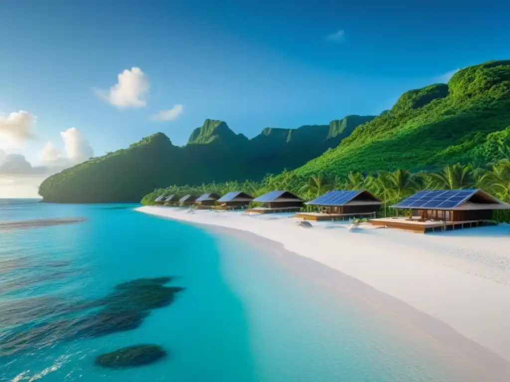 Resort de lujo sostenible en el Caribe: arquitectura verde y actividades acuáticas Resort de lujo sostenible en el Caribe, con paneles solares y vegetación integrada