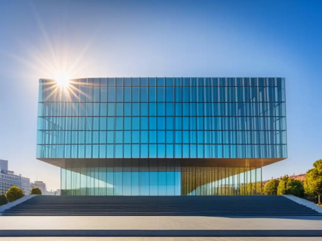 Esplendor legislativo: Congreso de España en Madrid Resplandeciente fachada de cristal del Congreso en Madrid, reflejando la luz del sol bajo un cielo azul