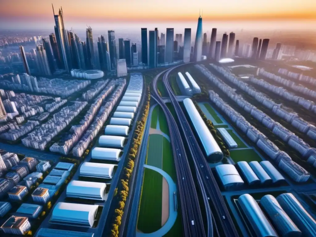 Metrópolis futurista: innovación y armonía urbana al atardecer El resplandor urbano al atardecer en la metrópolis: impacto zonas comerciales auge inmobiliario
