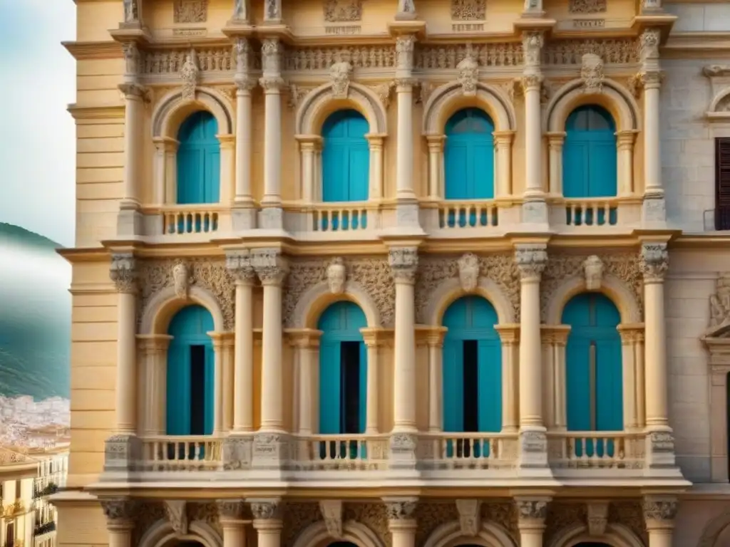 Restauración detallada de edificio histórico en España: conservando la esencia bajo el sol Restauración de edificio histórico en España, obreros reparando detalladas esculturas bajo el sol