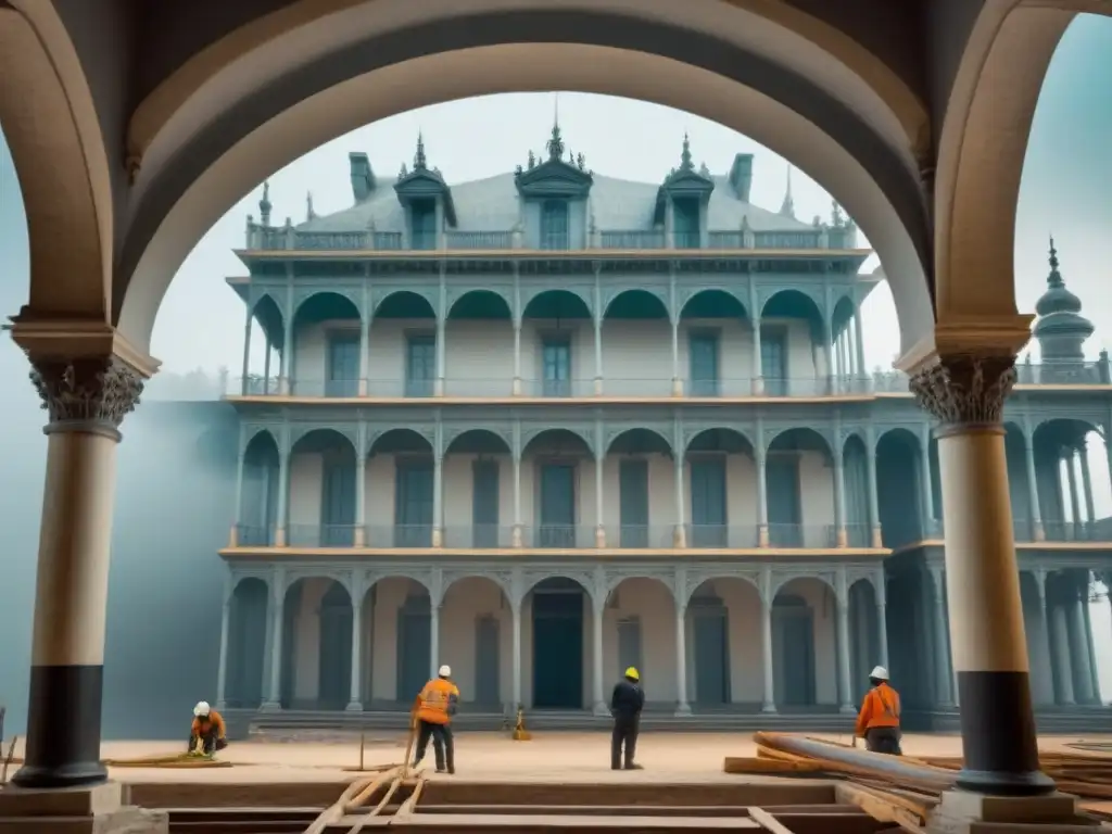 Restauración histórica: detalle 8k con obreros y diseño Restauración de edificio histórico con obreros, andamios y planos arquitectónicos