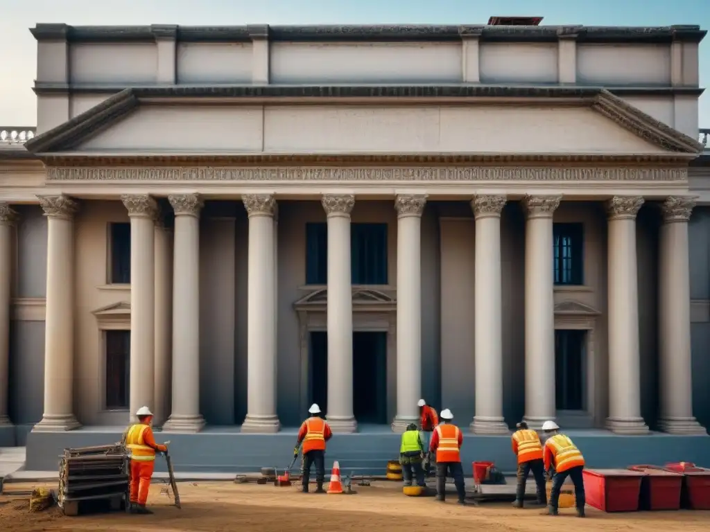 Restauración de edificio histórico: artesanía y tecnología se unen Restauración de edificio histórico con obreros y herramientas, equilibrando tradición y tecnología