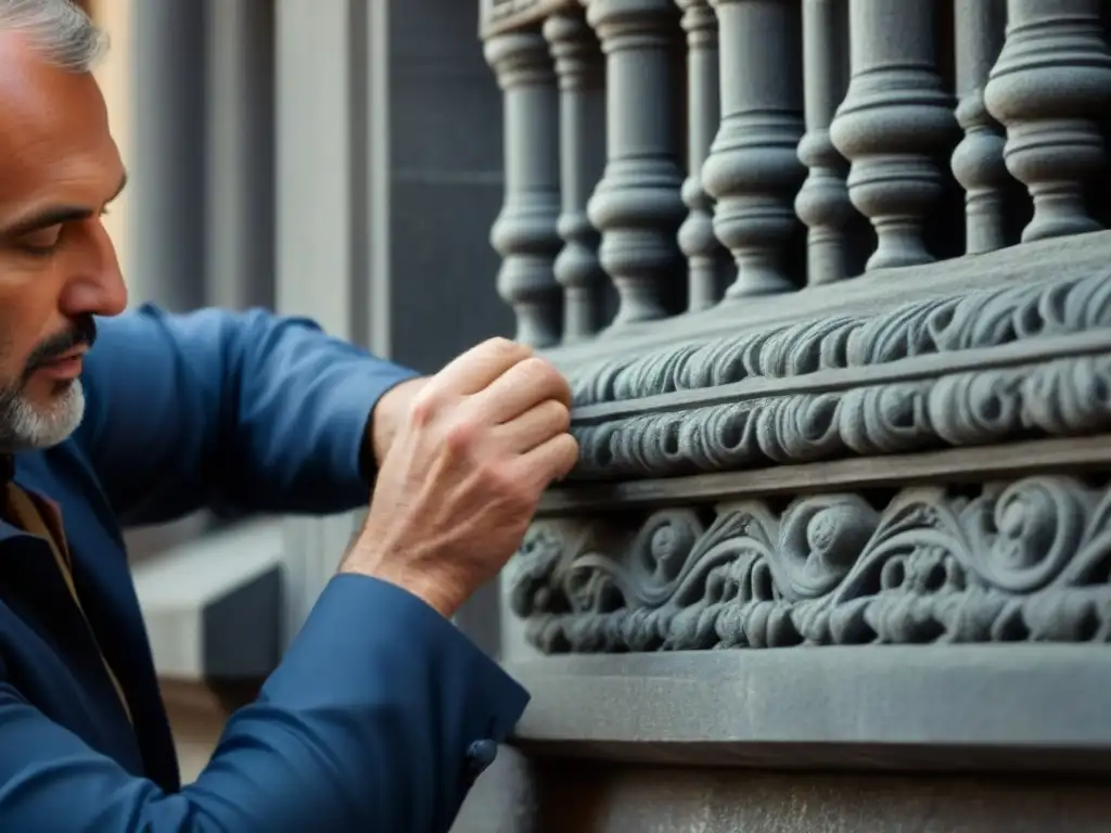 Restauración experta de ornamentos en fachada histórica Restauración de edificios antiguos: Artesanos restaurando detalladas esculturas en piedra con precisión y arte, resaltando la dedicación y maestría