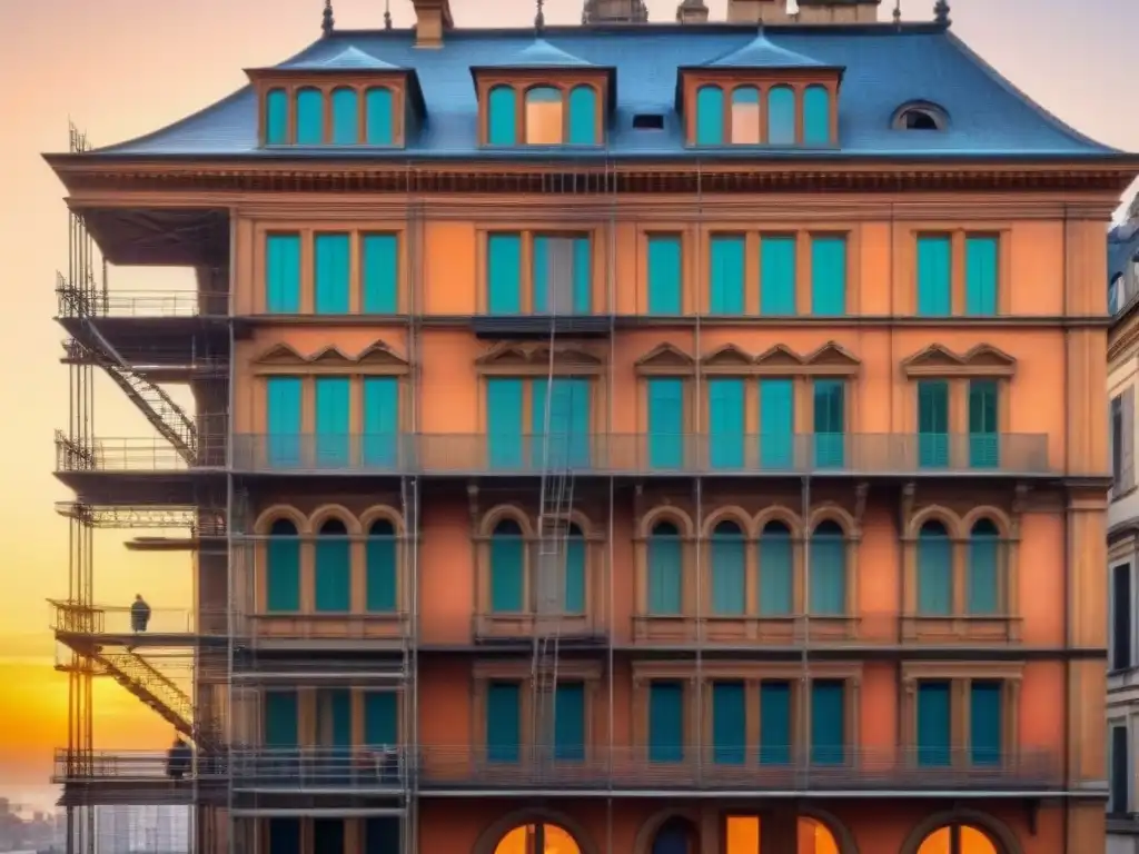 Restauración detallada de edificio histórico al atardecer Restauración de edificios históricos: equipo de arquitectos y expertos en restauración trabajando meticulosamente al atardecer