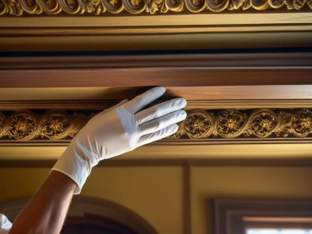 Restauración meticulosa de molduras antiguas: manos expertas en acción Restauración de espacios históricos: Manos expertas restauran con cuidado molduras decorativas en techo centenario