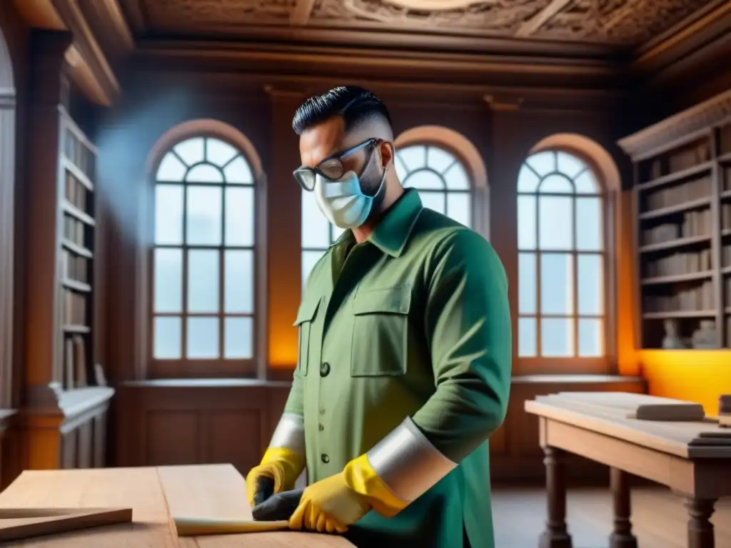 Restauración meticulosa de ornamentos con técnica moderna Restauración de interiores históricos con técnicas modernas: artesano restaurando detalladamente con herramientas de vanguardia