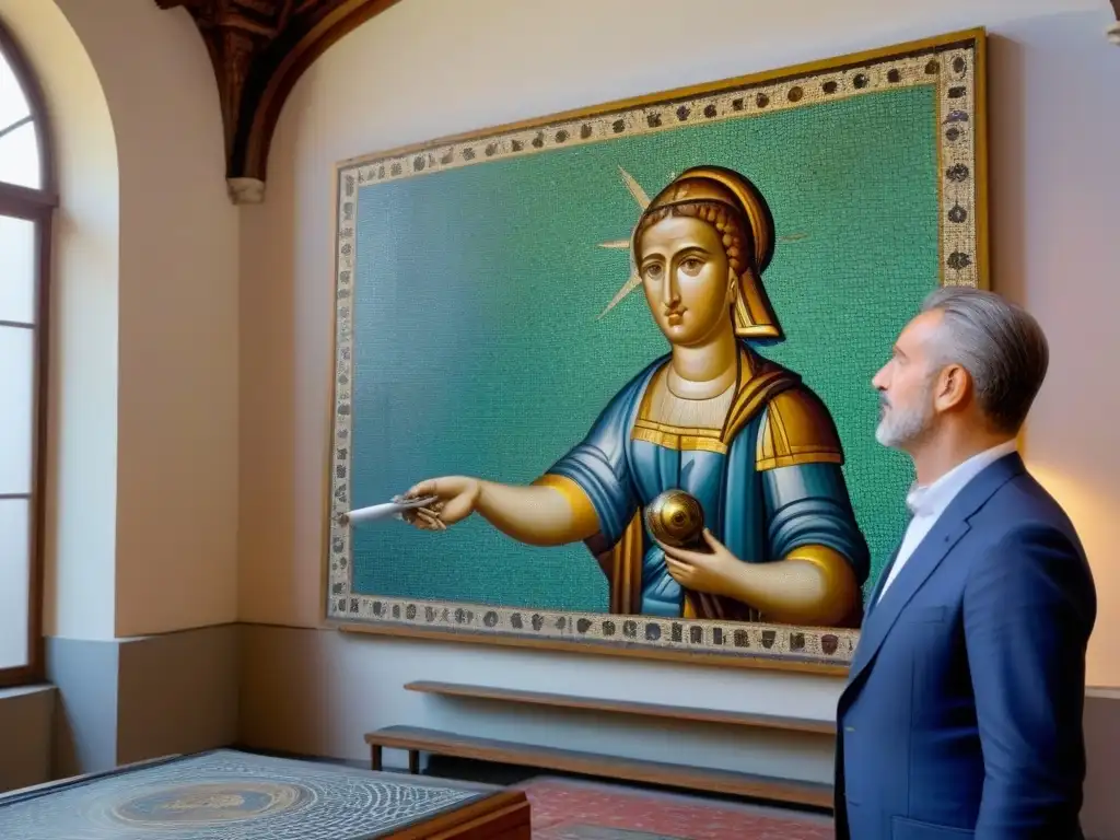 Restauración robótica de mosaico centenario en edificio histórico Restauración de mosaicos históricos con tecnología avanzada en edificio antiguo