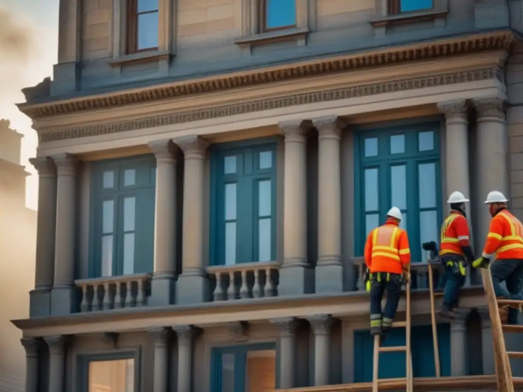 Restauración de Fachada Histórica: Tradición y Tecnología Restauración de propiedades históricas: equipo de arquitectos y obreros modernos restaurando una fachada detallada