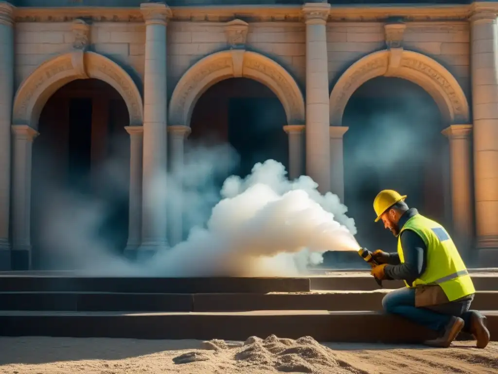 Restauración histórica: fusión de tradición y tecnología en 8k Una restauración de propiedades moderna: artesanos reparan delicadamente la piedra antigua mientras la maquinaria robótica asiste en tareas precisas