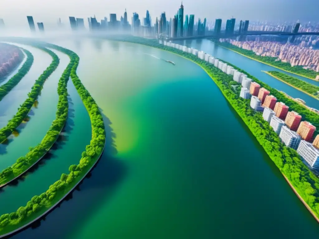 Cityscape acuático: armonía entre naturaleza y desarrollo urbano Restauración de sistemas acuáticos urbanos en armonía con moderna arquitectura y naturaleza, reflejados en cristalinas vías acuáticas