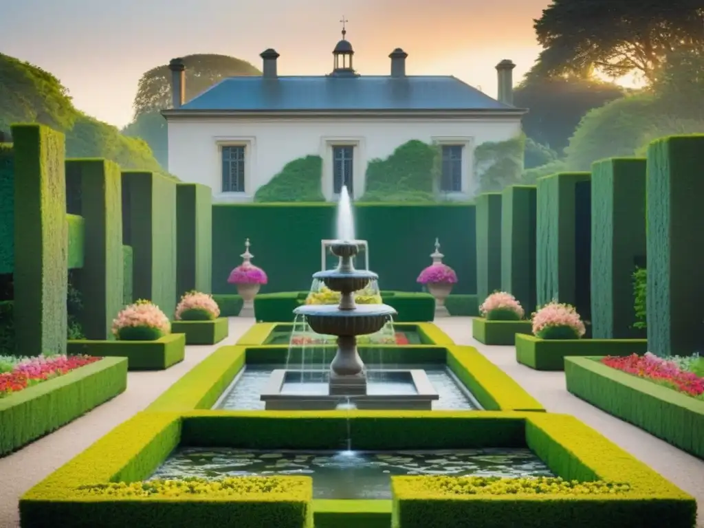 Jardín histórico restaurado: esplendor verde y flores bajo el atardecer Jardín restaurado en propiedad histórica con vegetación exuberante y senderos de piedra bajo la suave luz del atardecer