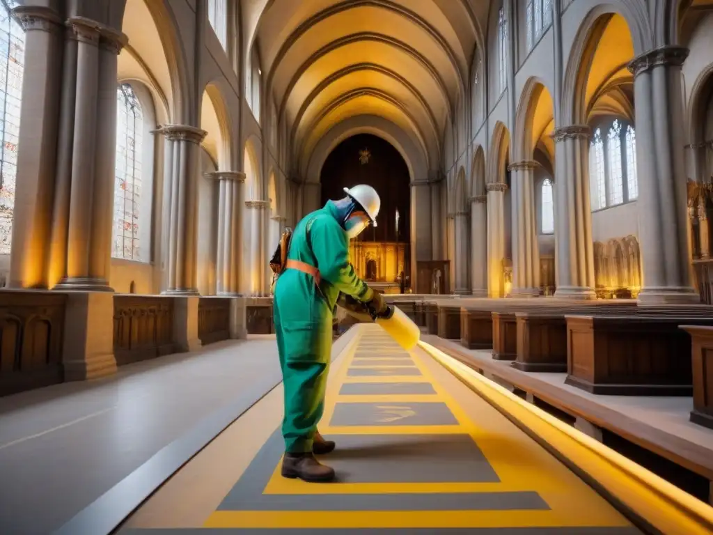 Restauración de frescos en catedral centenaria: tradición y tecnología Restauradores protegiendo frescos en catedral histórica con técnicas modernas