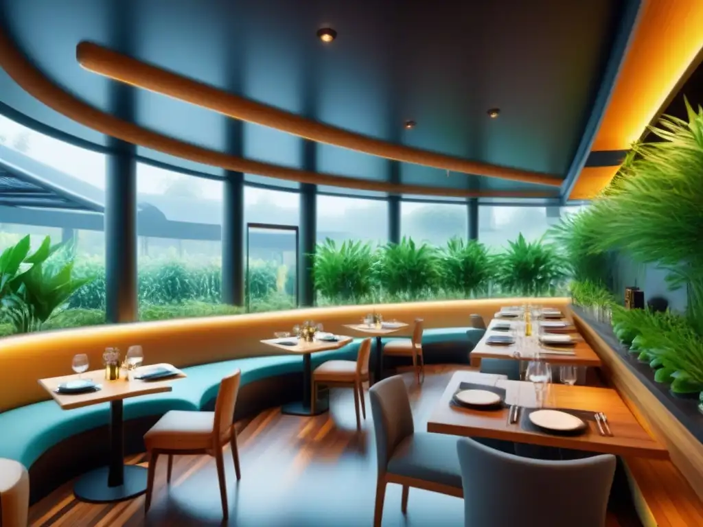 Restaurante ecológico futurista: diseño interior sostenible Un restaurante futurista y ecológico con técnicas ecoamigables en restauración